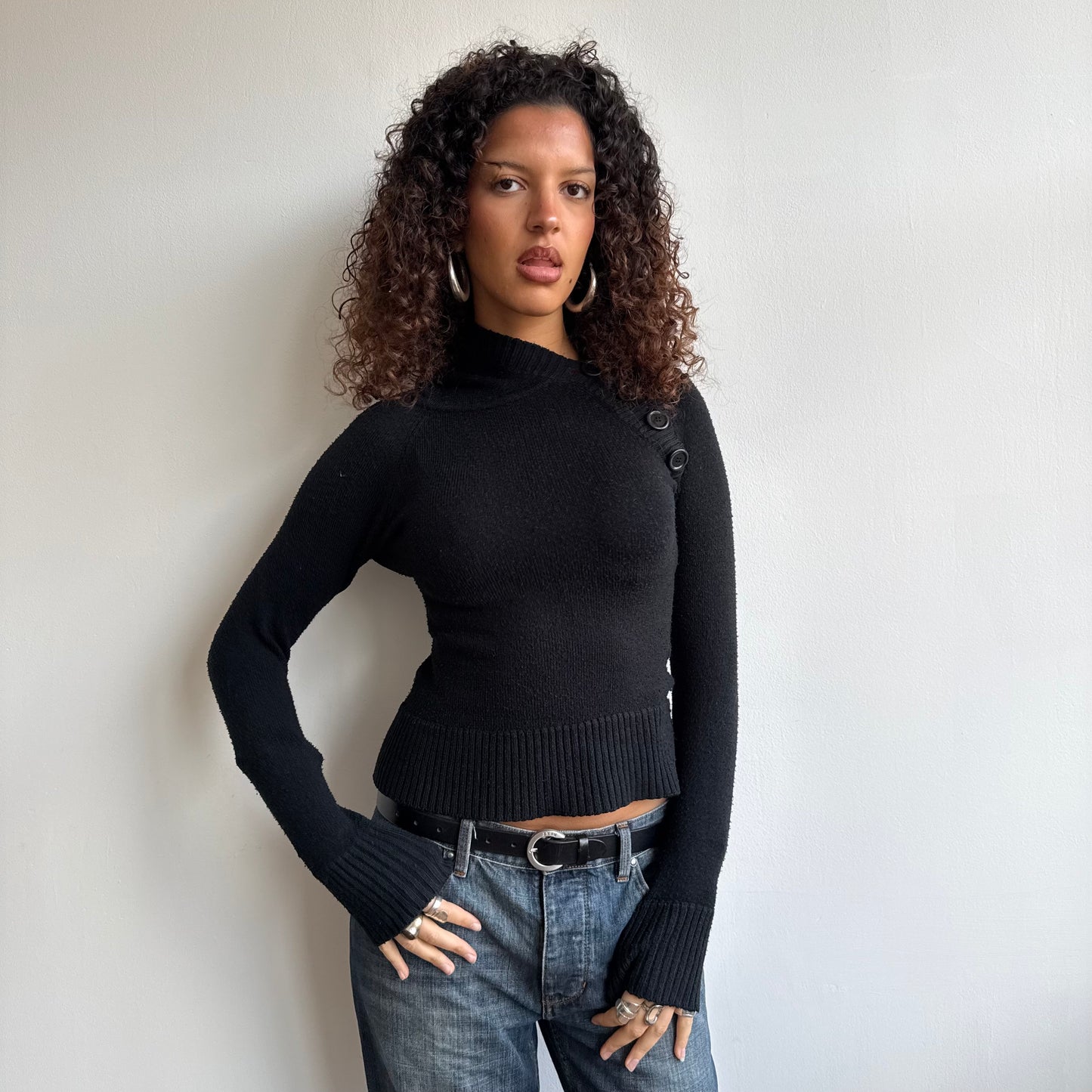 Black button knit hoodie - Size S