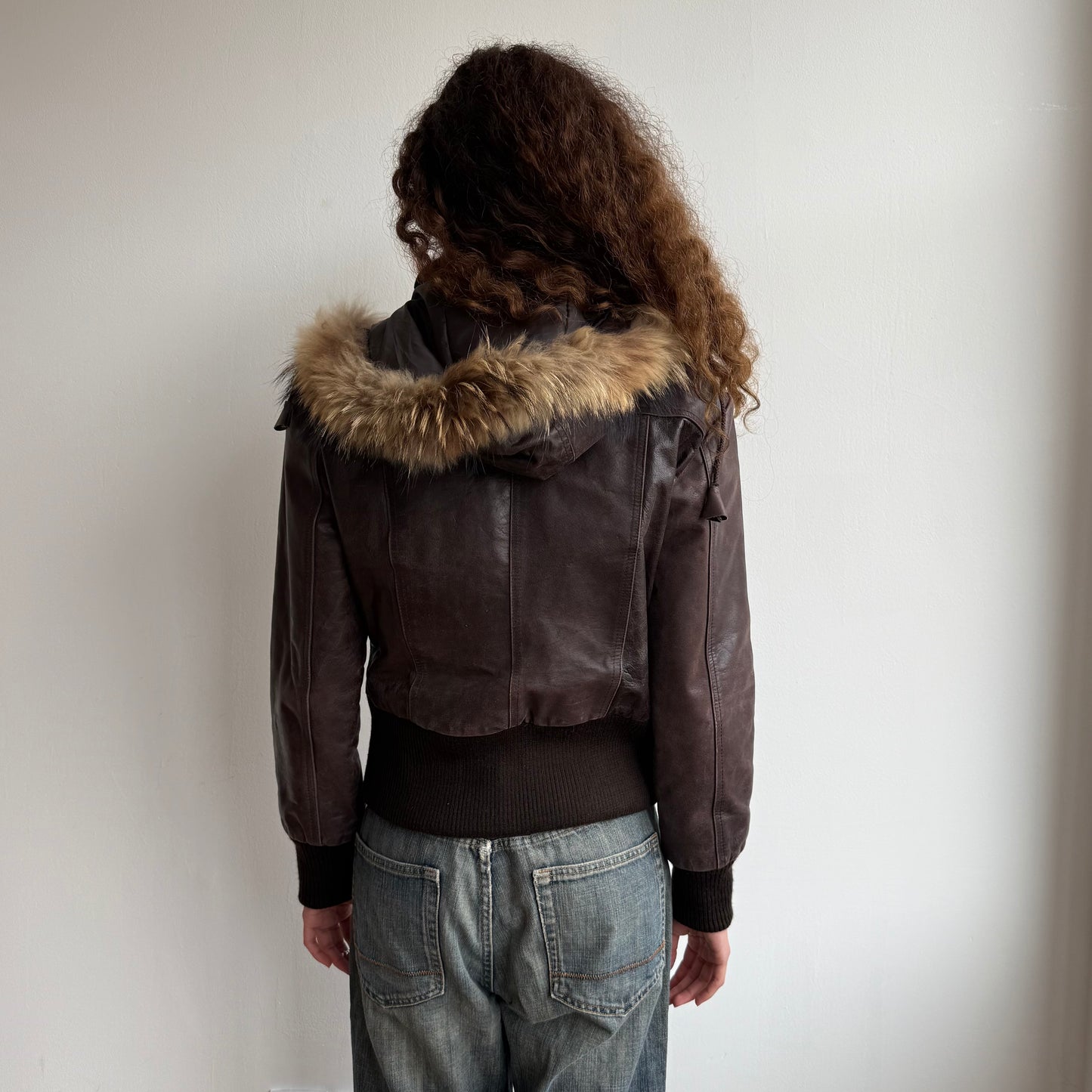 Brown leather fur hood bomber - Size M/L