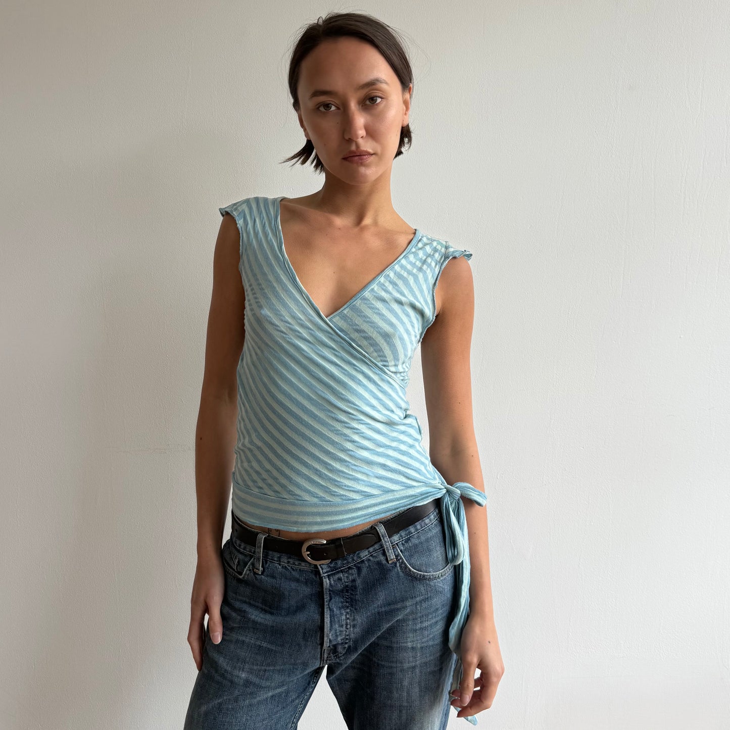 Teal striped ballet wrap top - Size M