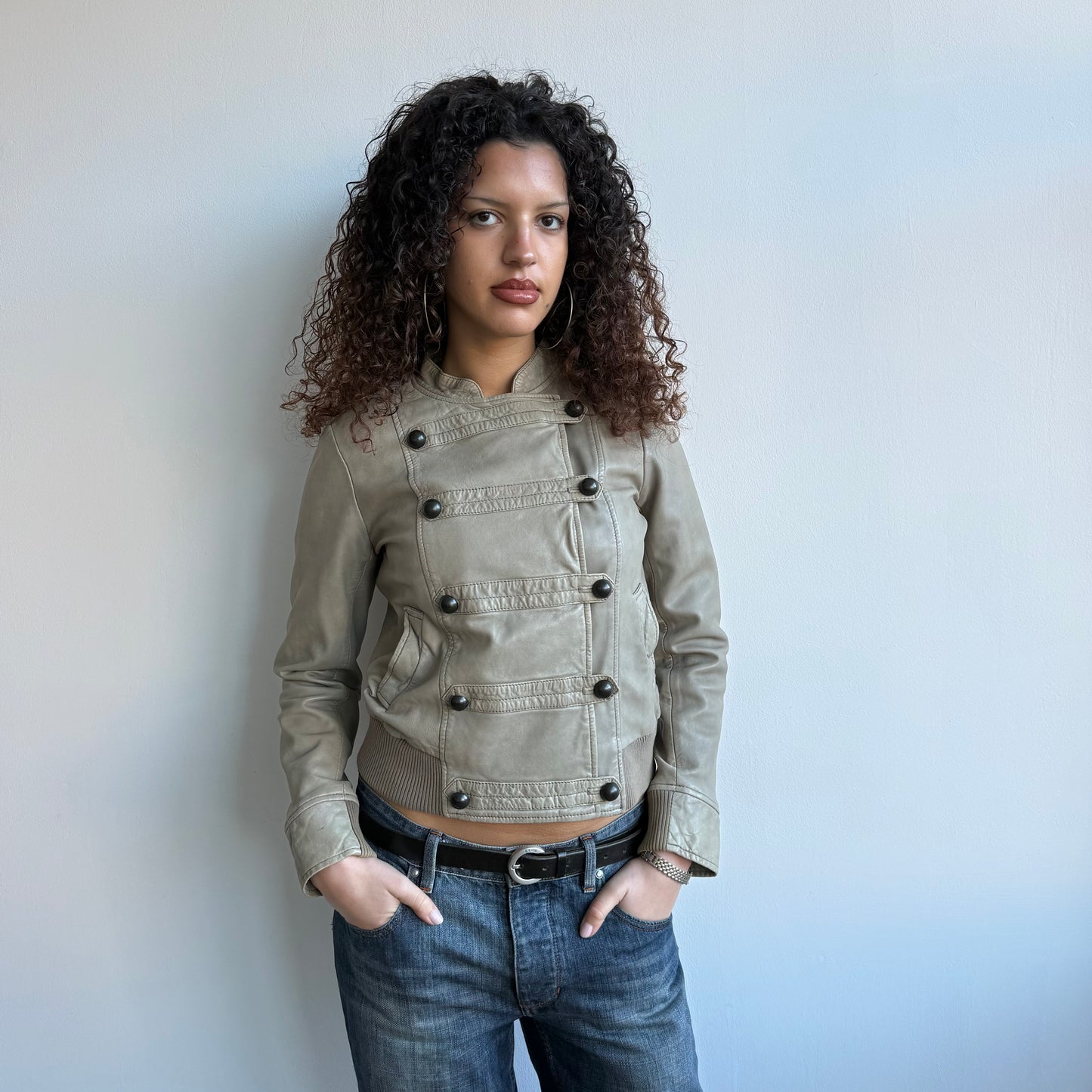 Beige leather military bomber - Size S/M
