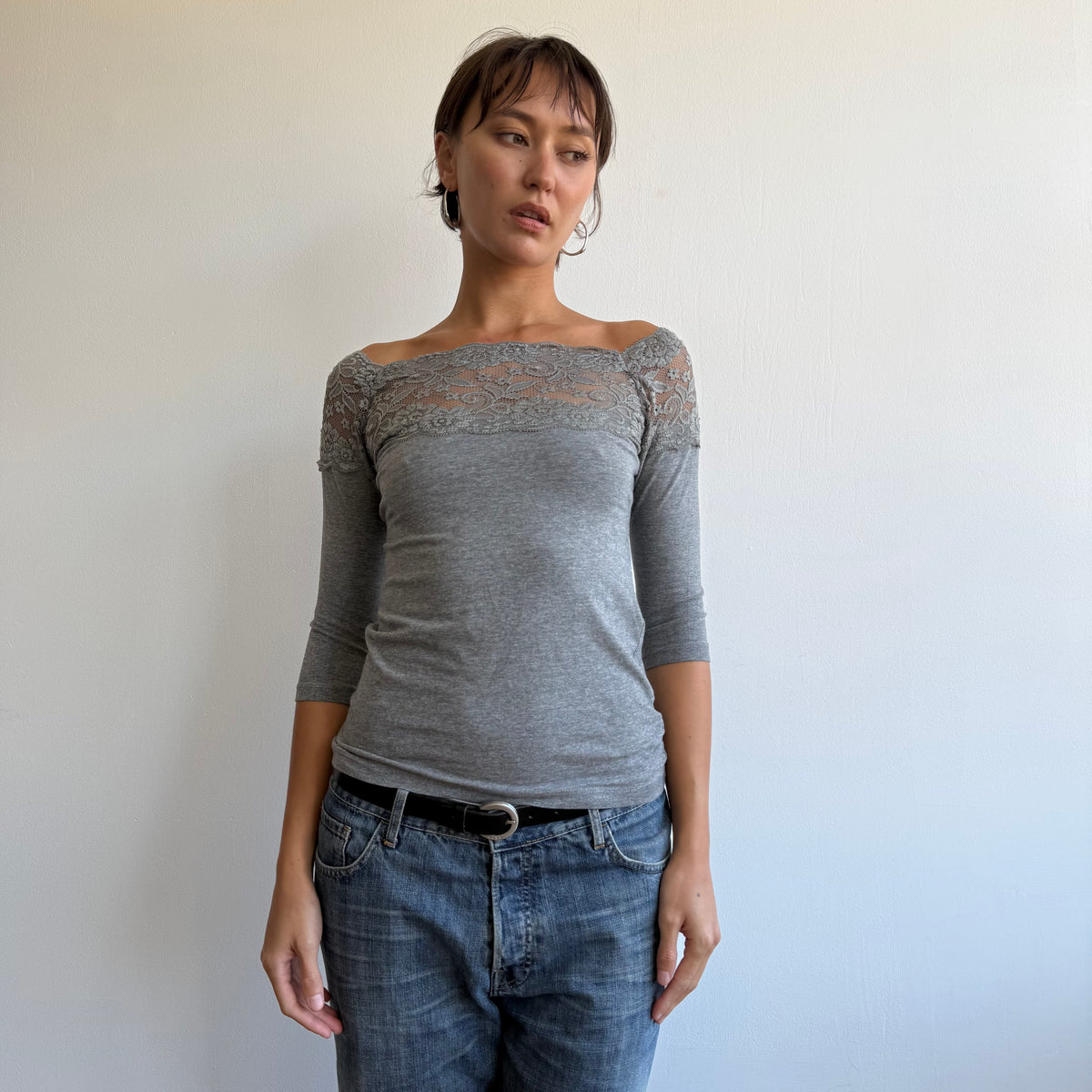 Grey lace bardot 3/4 sleeve top - Size S/M