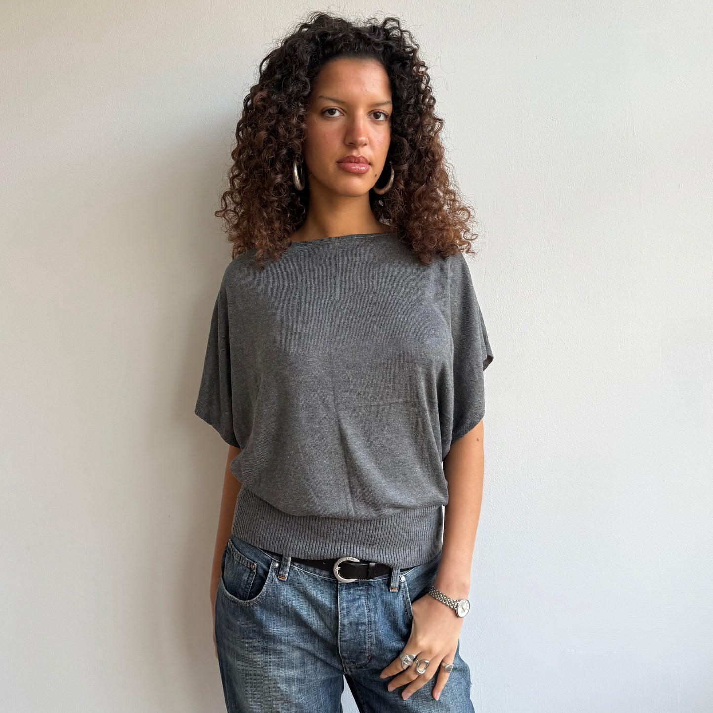 Charcoal short sleeve slouchy knit - Size M