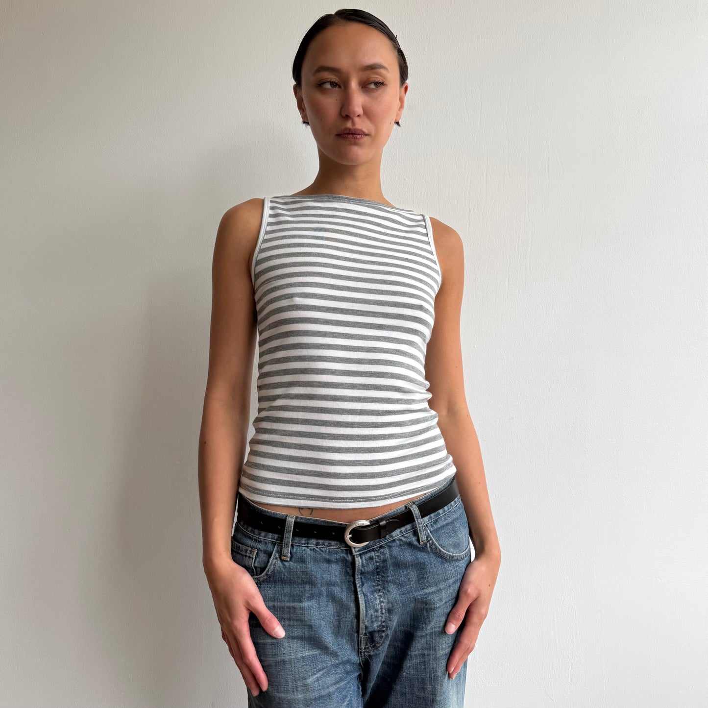 Grey + white striped top - Size S-M