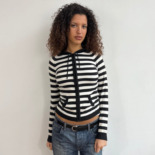 Black + white striped knit hoodie - Size S