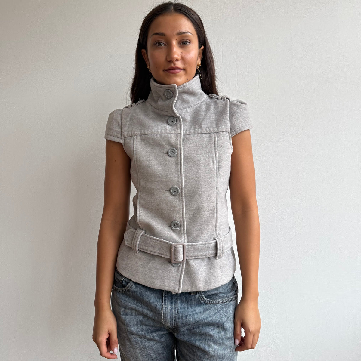 Grey short sleeve belted peacoat - Size S