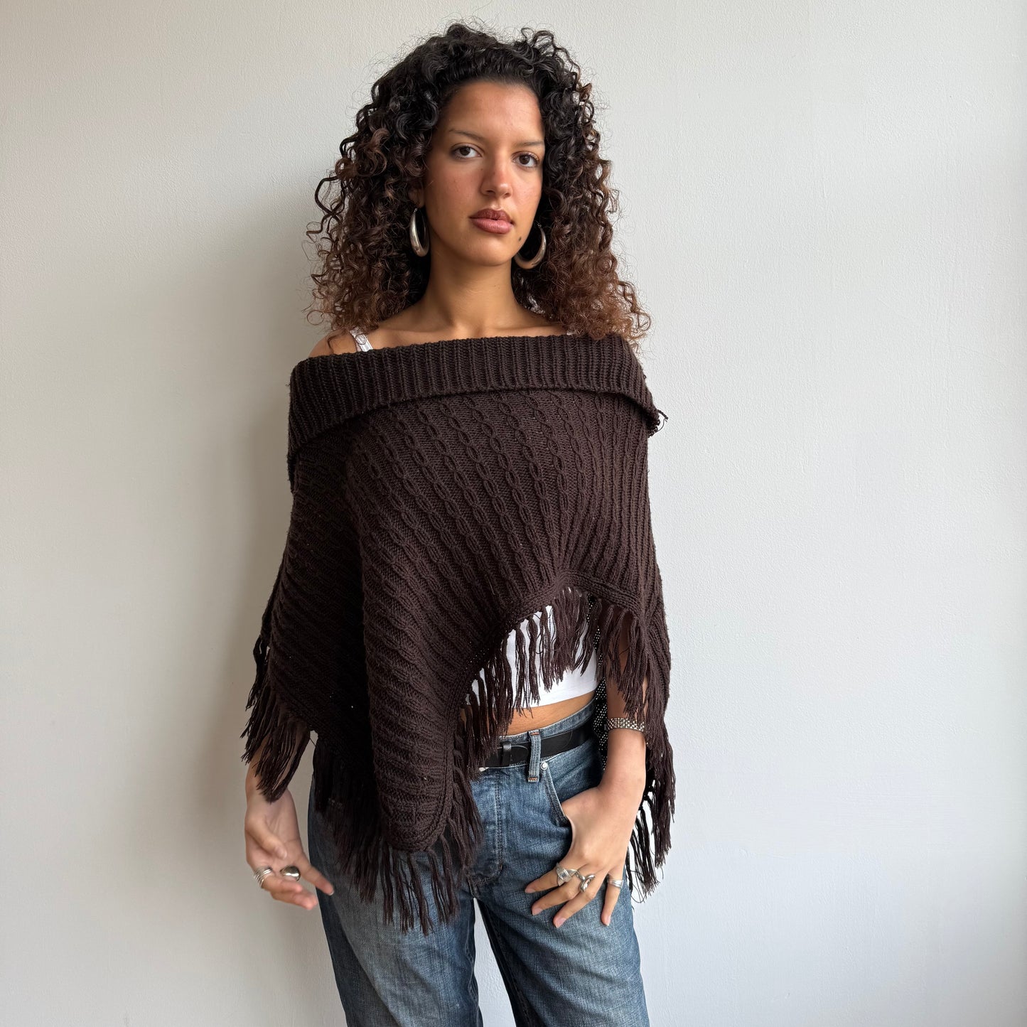 Brown knit Bardot poncho - Size M/L