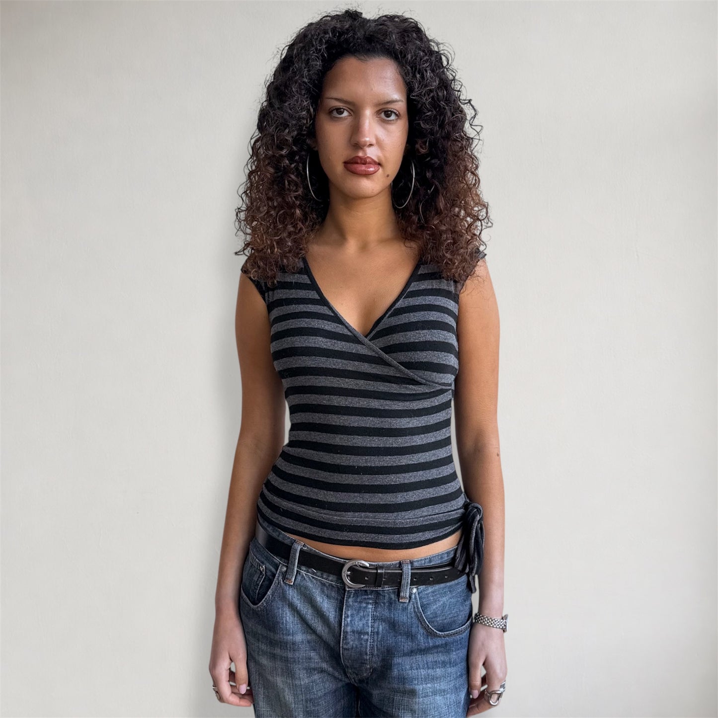 Black + grey wrap tie side top - Size S