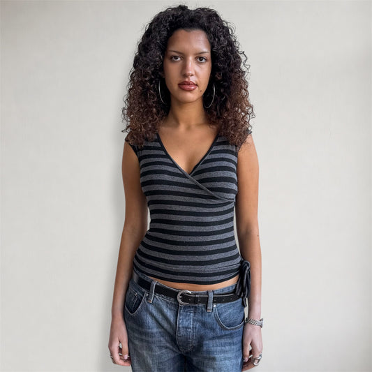 Black + grey wrap tie side top - Size S