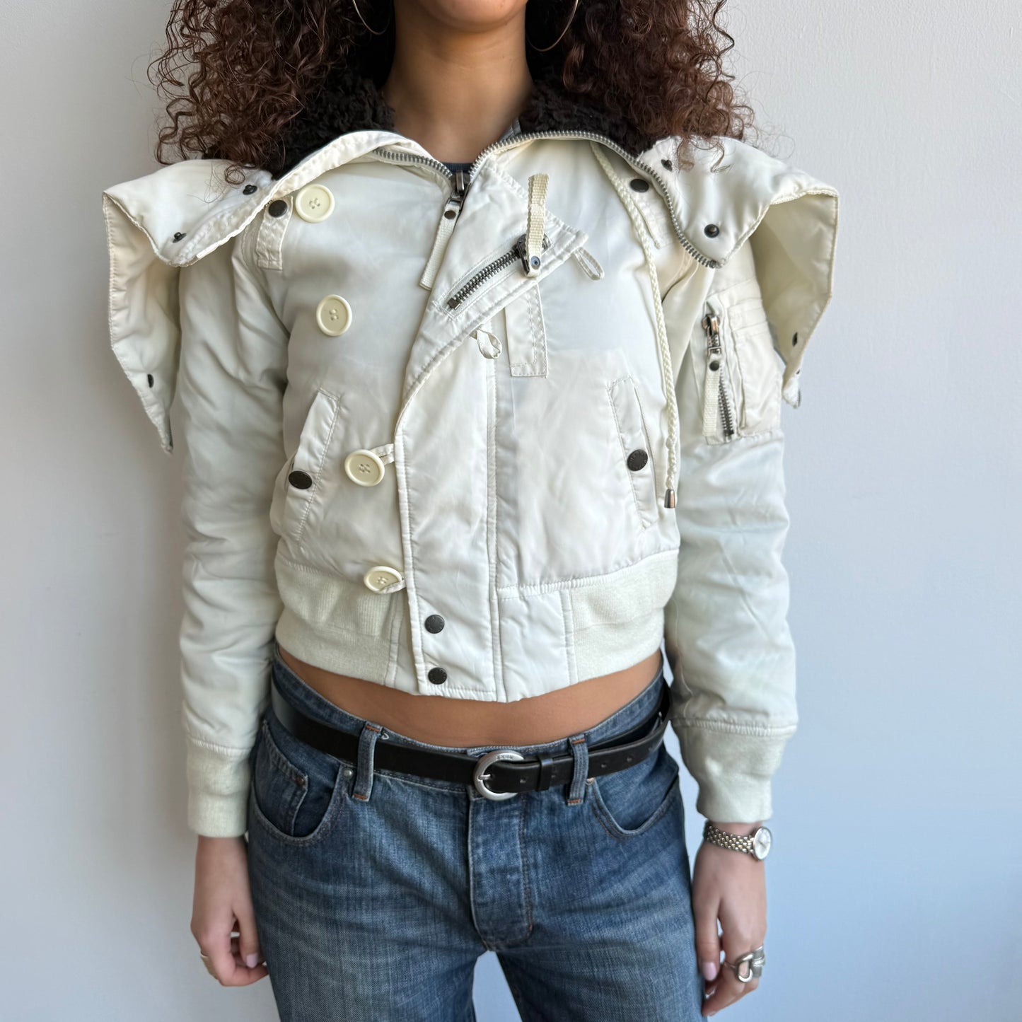 White fur hood cargo bomber - Size S