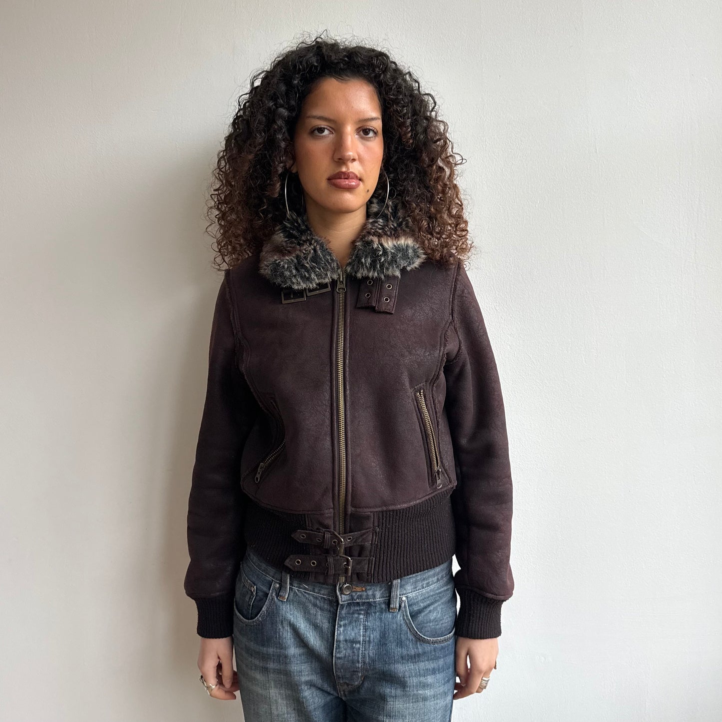 Brown buckle faux suede bomber - Size M/L