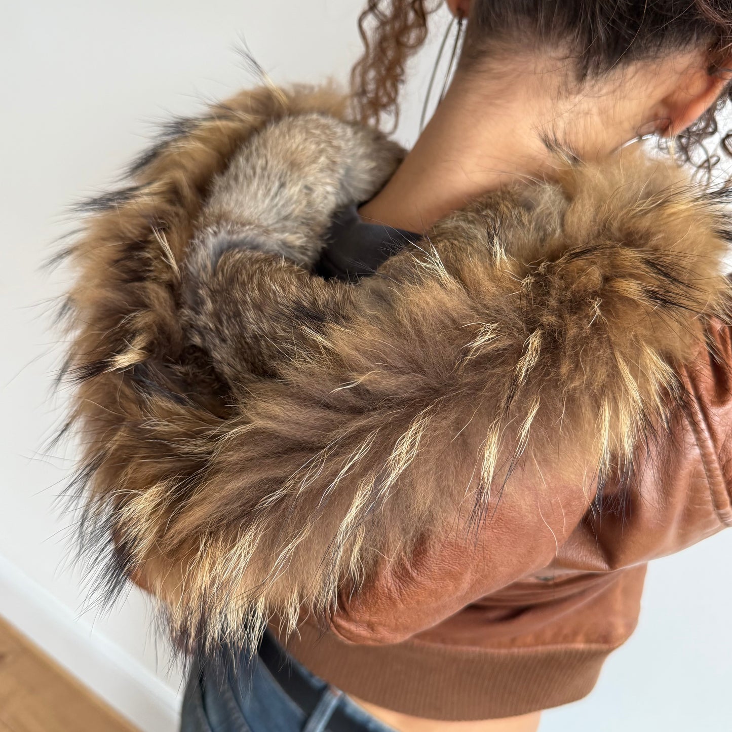 Brown leather real fur bomber - Size M