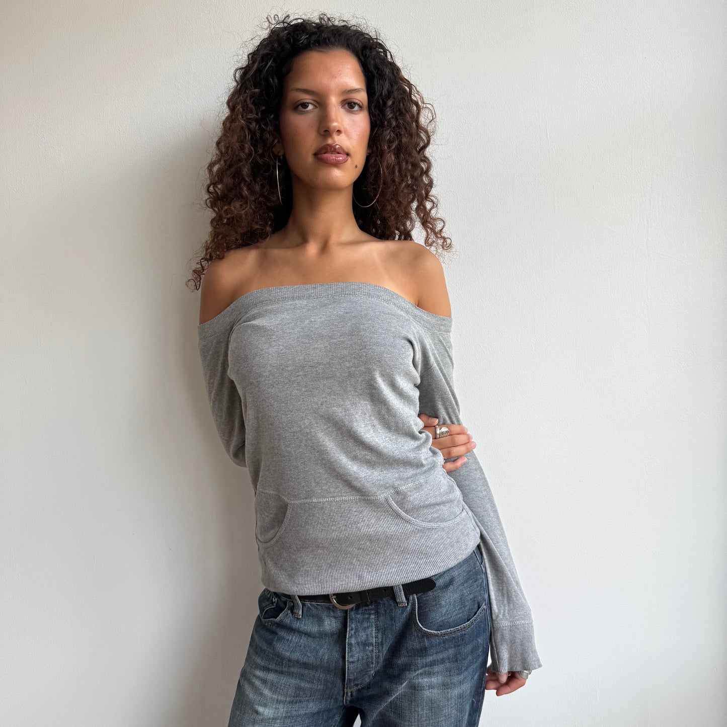Grey pocket bardot top - Size M