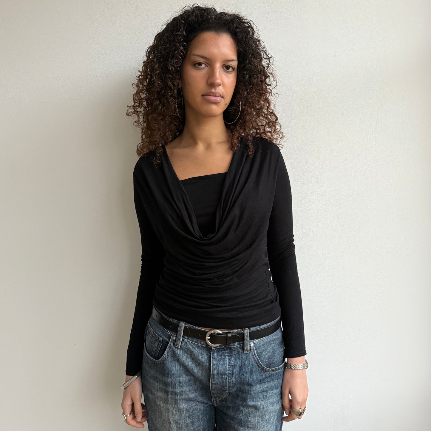 Black long sleeve slouchy cowl top - Size M