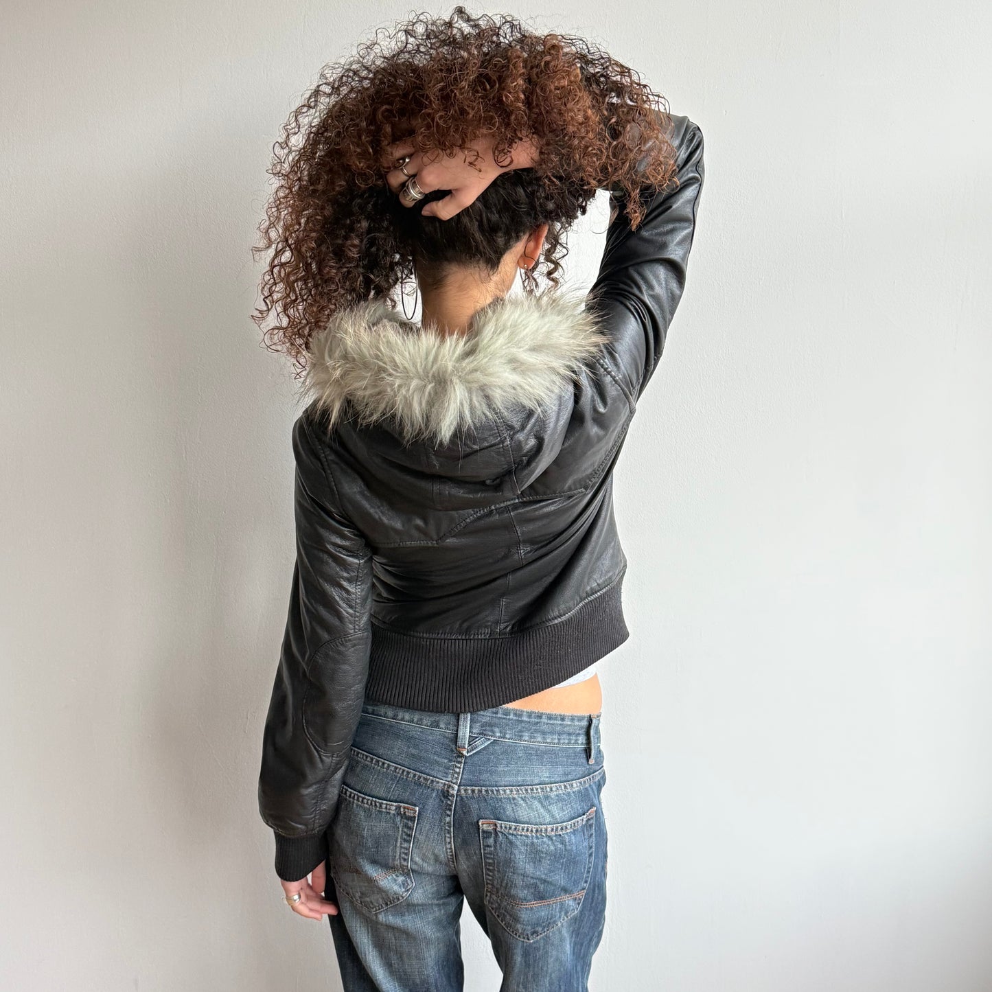 Black leather fur hood bomber - Size S