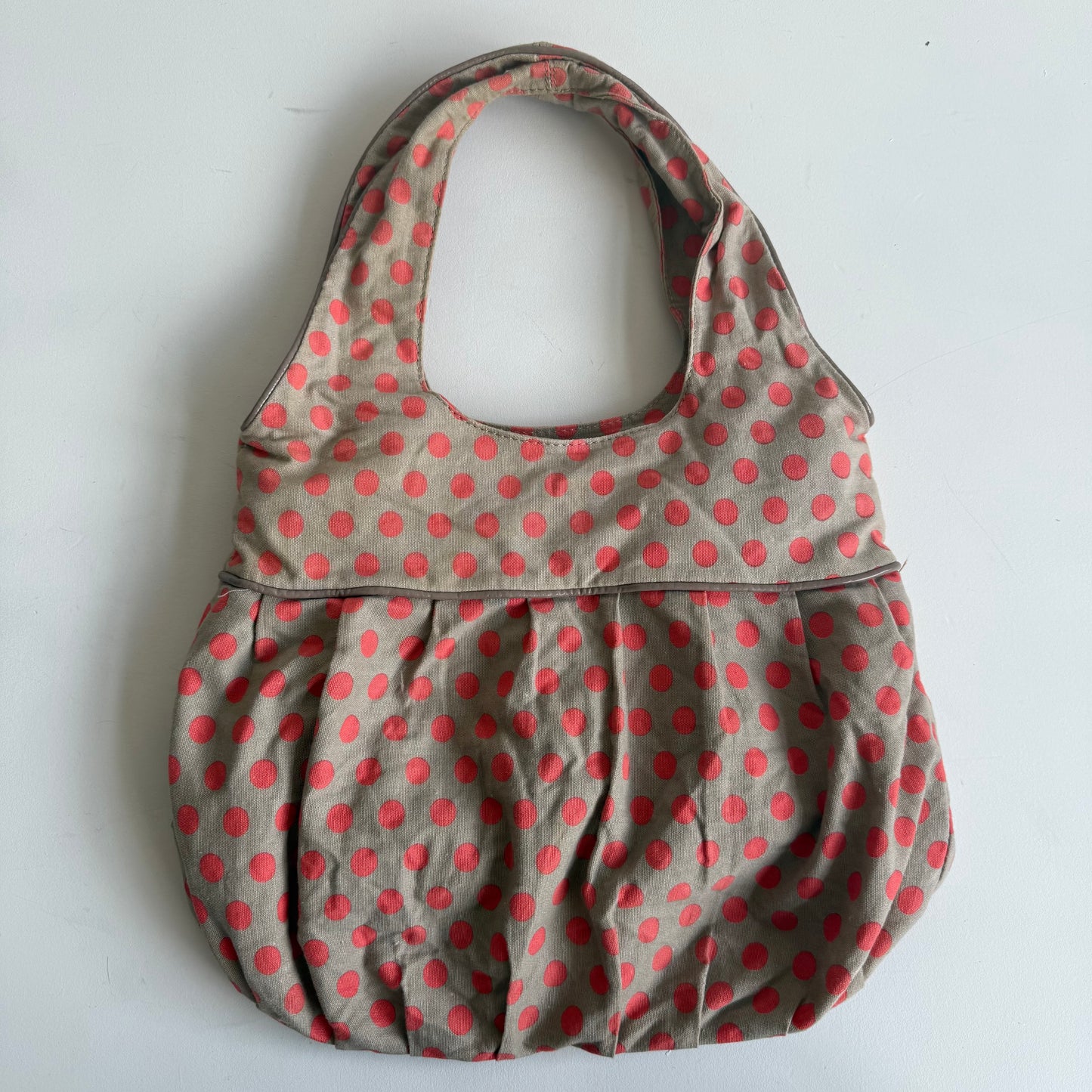 Khaki + orange polka dot bag