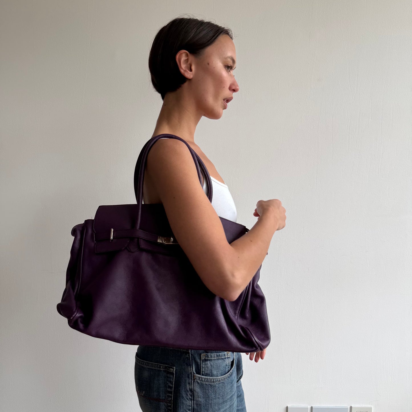 Purple leather ‘firkin’ bag - One Size