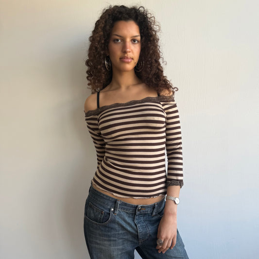 Beige striped Bardot top - Size S