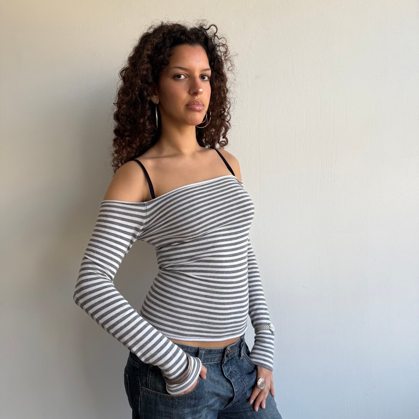 Grey stripe Bardot knit - Size XS