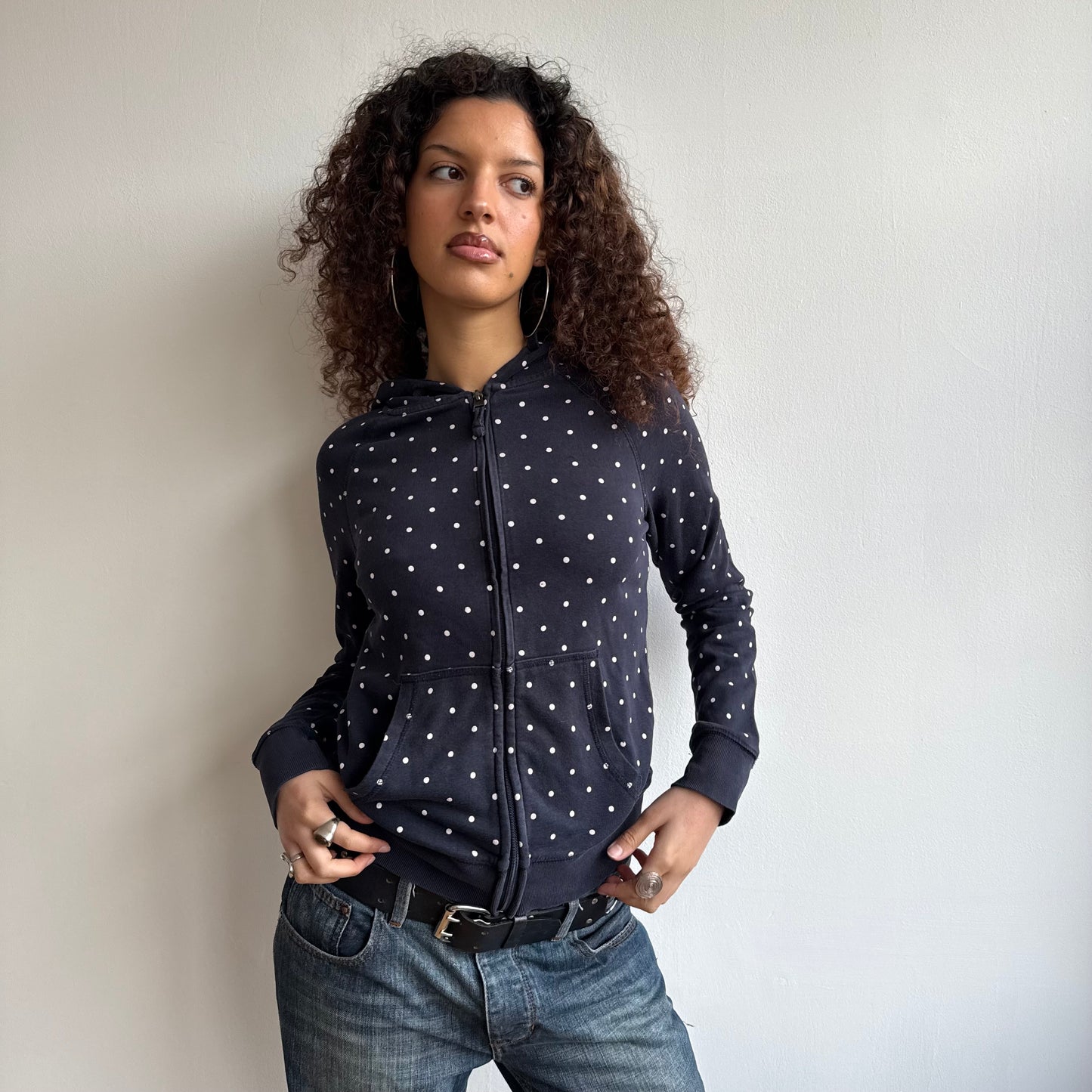 Navy polka dot hoodie - Size S