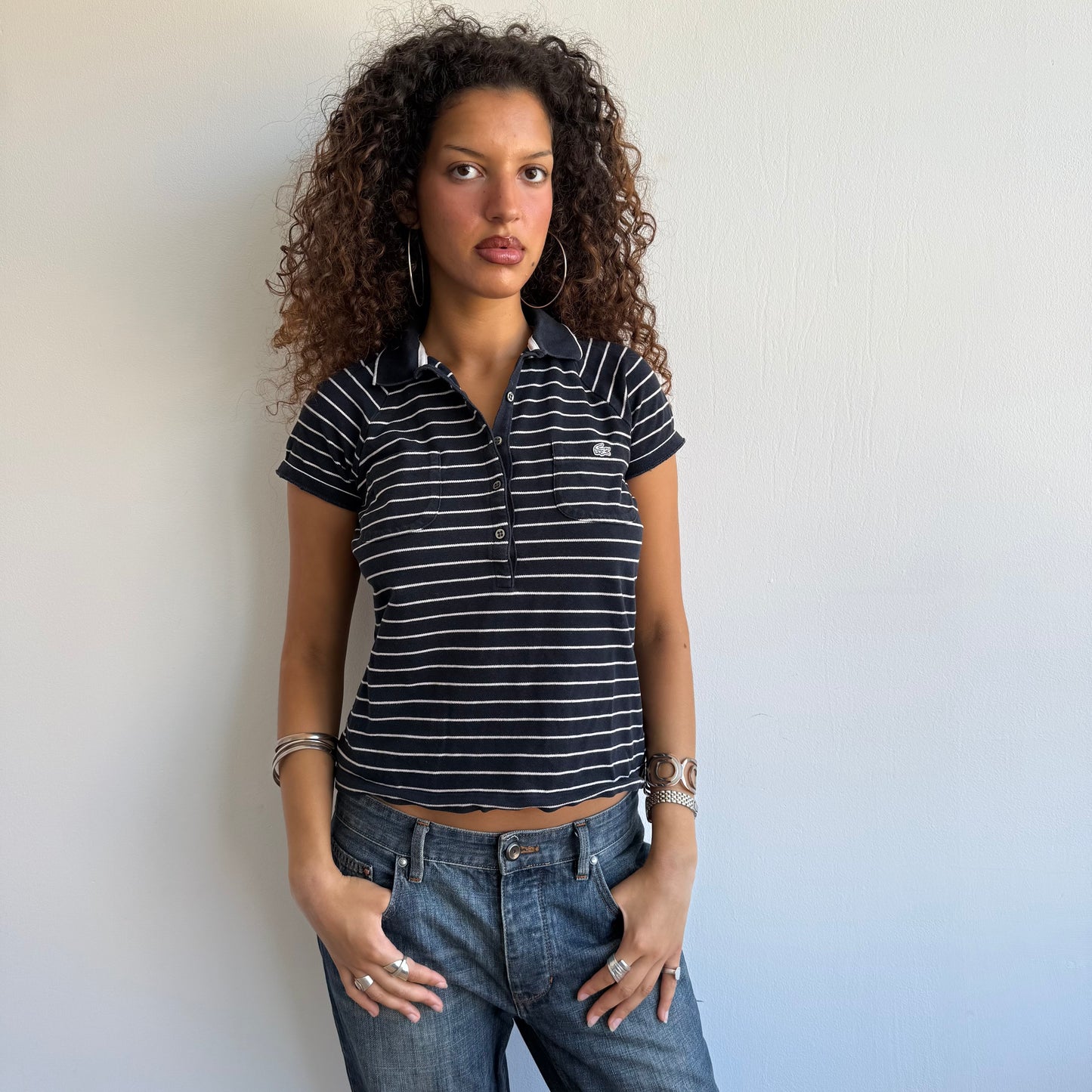 Navy striped Lacoste polo - Size M