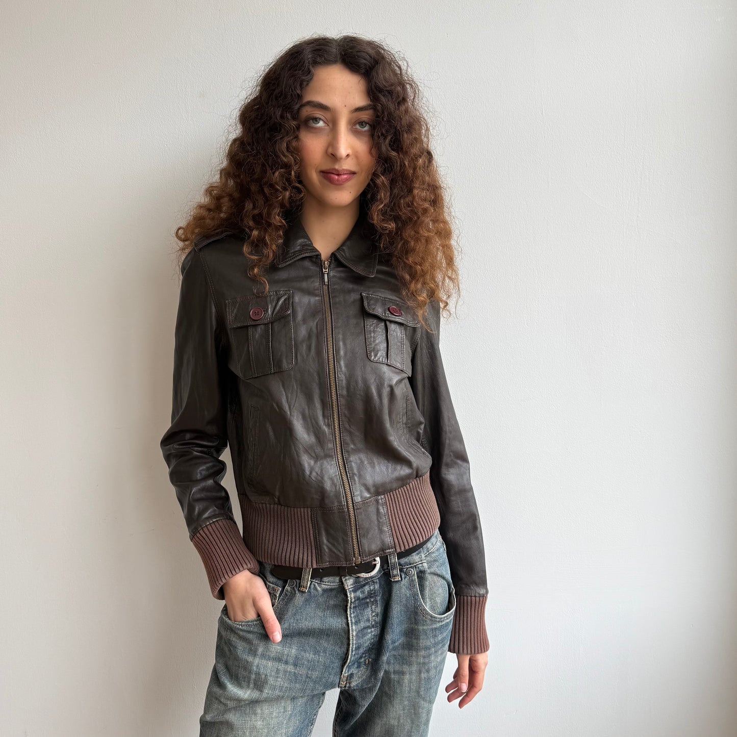 Brown leather bomber jacket - Size S