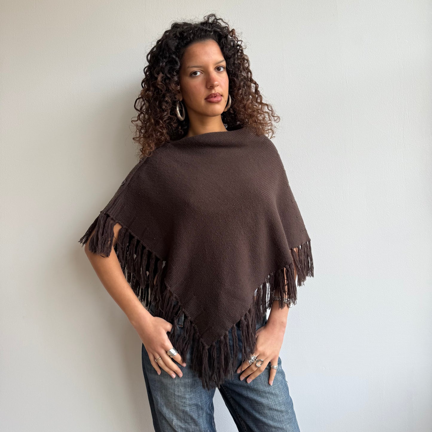 Brown tassel button poncho - One Size