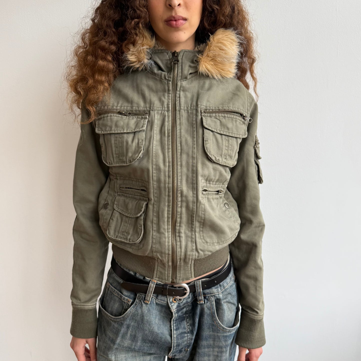 Khaki bomber with faux fur hood - Size S/M + M