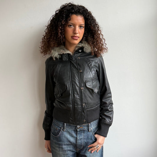 Black leather fur hood bomber - Size S