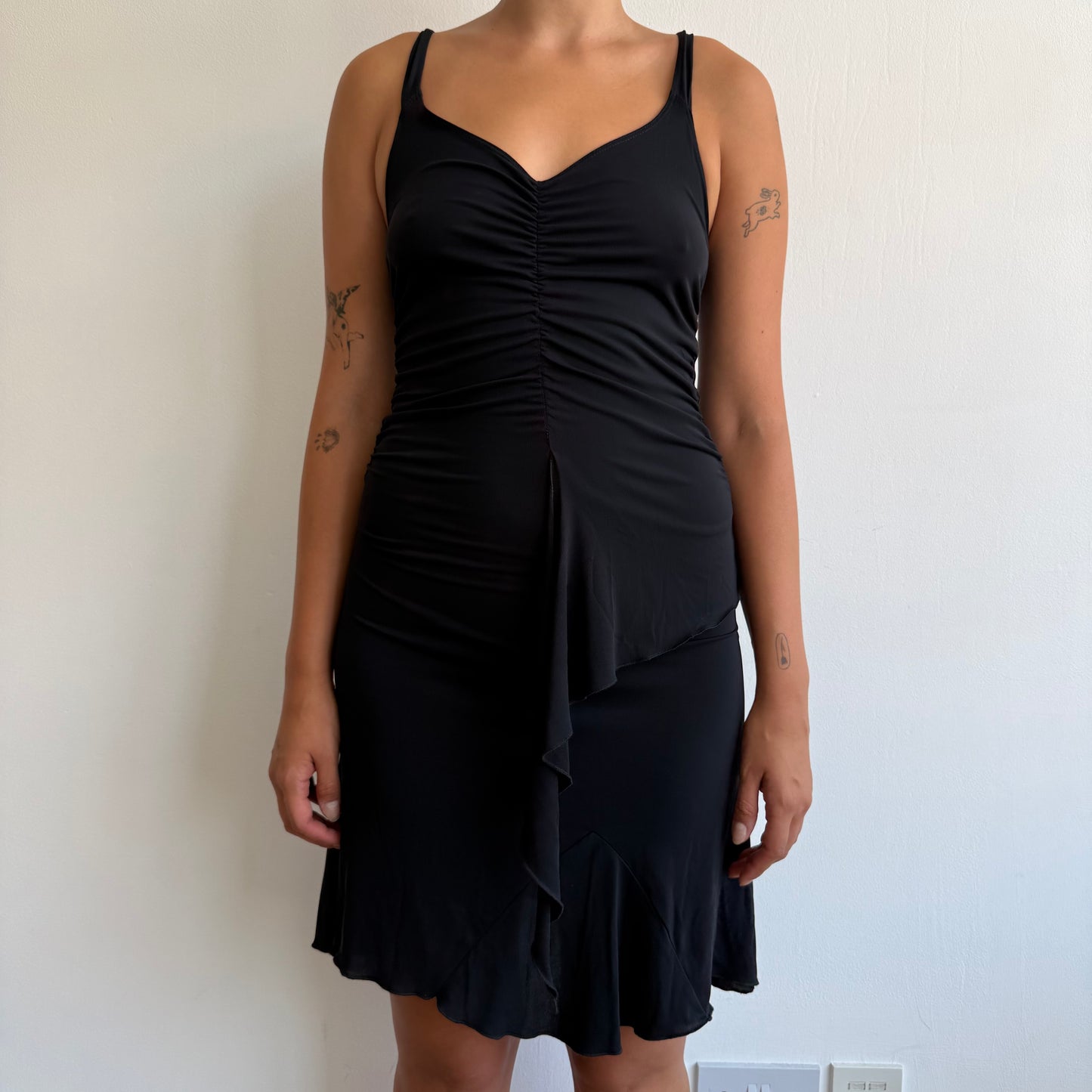 Black ruched open tie back dress - Size S