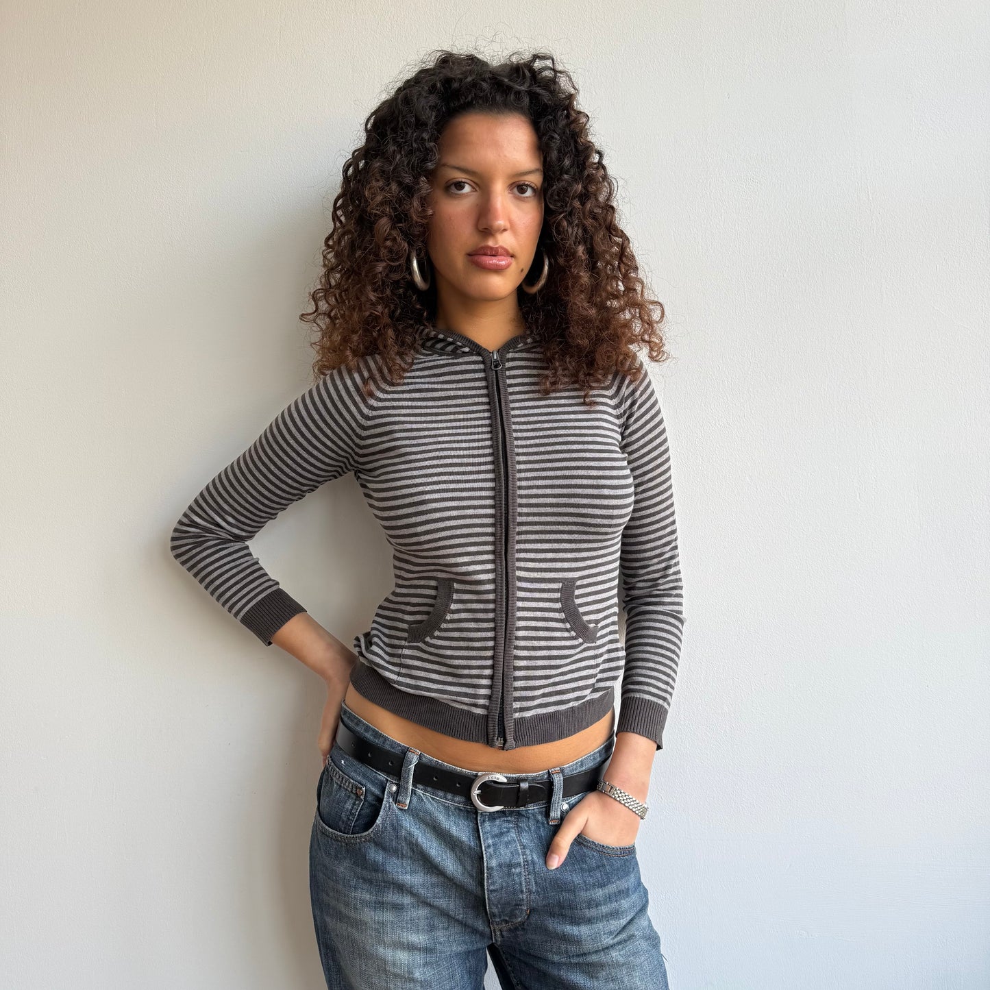 Brown + grey striped hoodie - Size XS/S