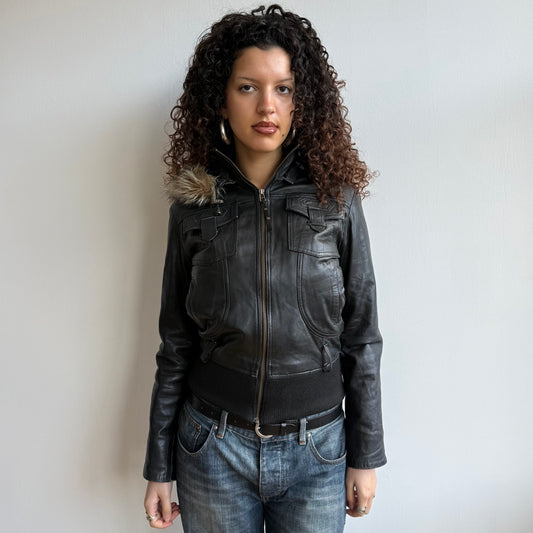 Black leather buckle belt fur trim bomber - Size M