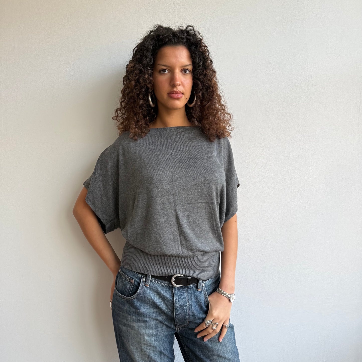 Charcoal short sleeve slouchy knit - Size M