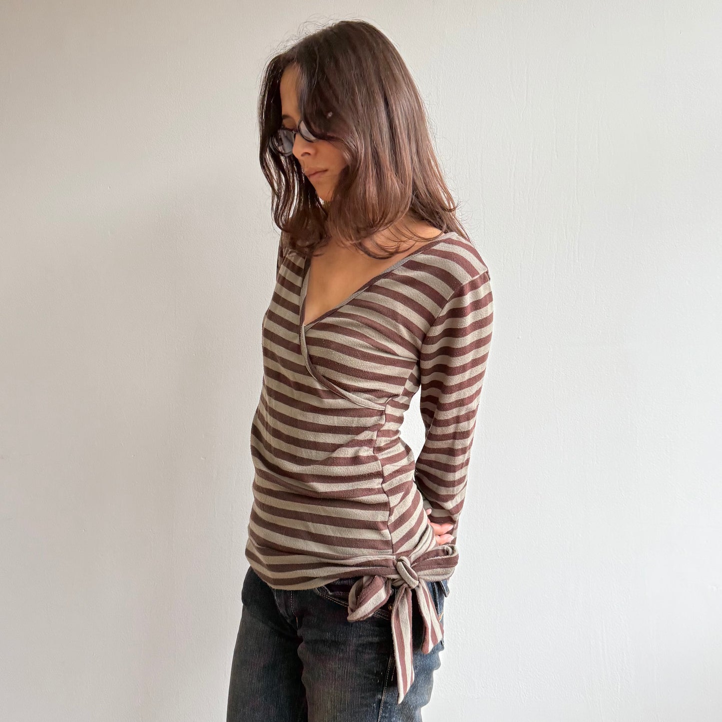 Khaki striped wrap top - Size M