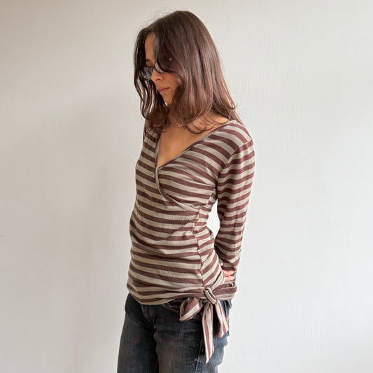 Khaki striped wrap top - Size M