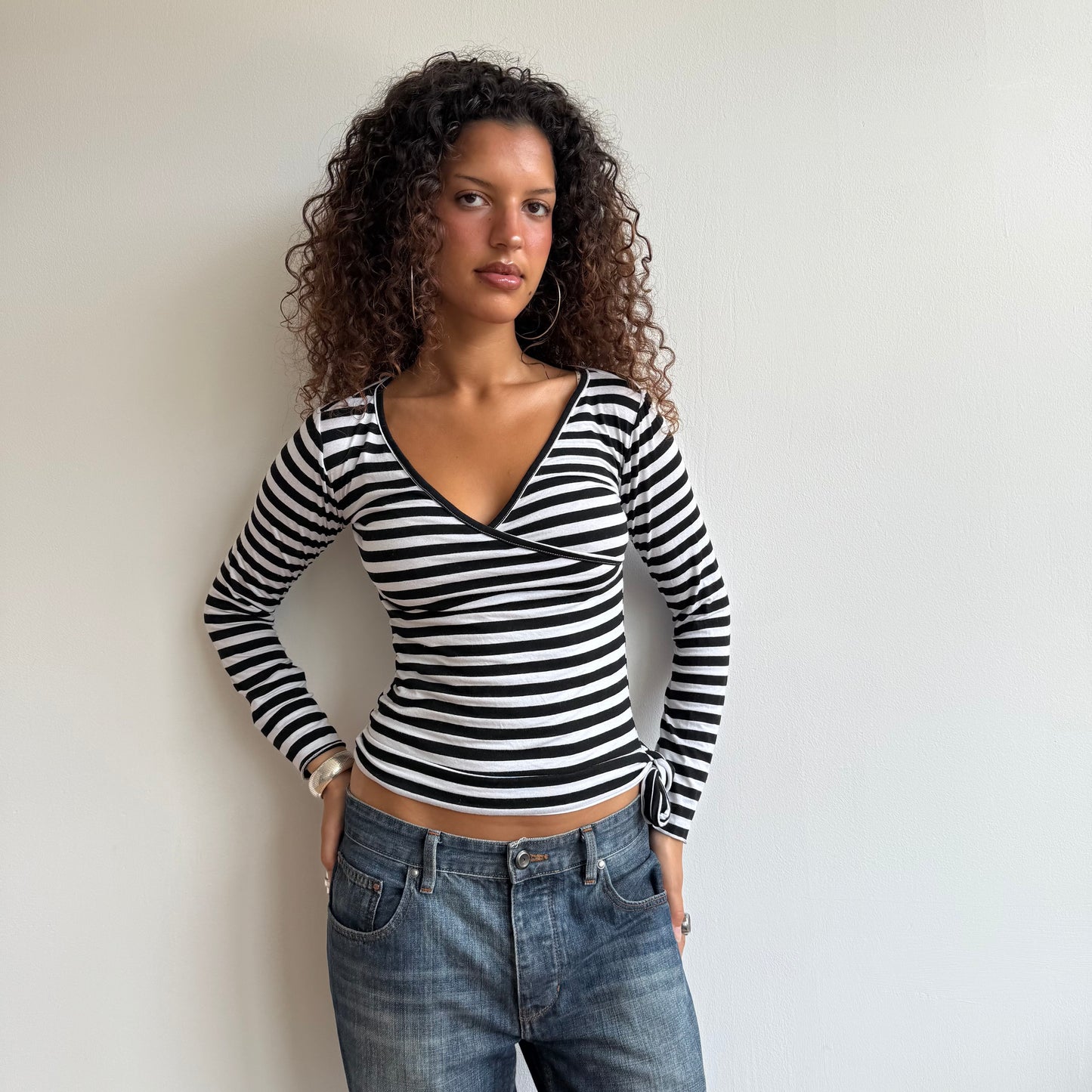 Black striped long sleeve wrap top - Size M