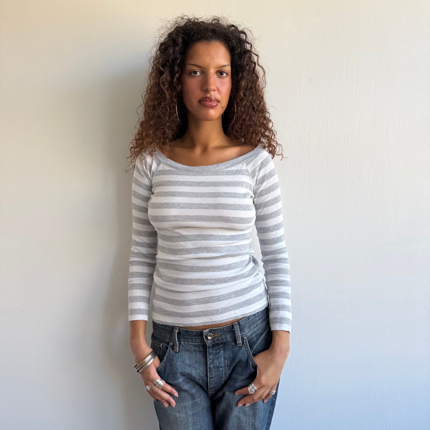 Grey + white striped bardot top - Size S