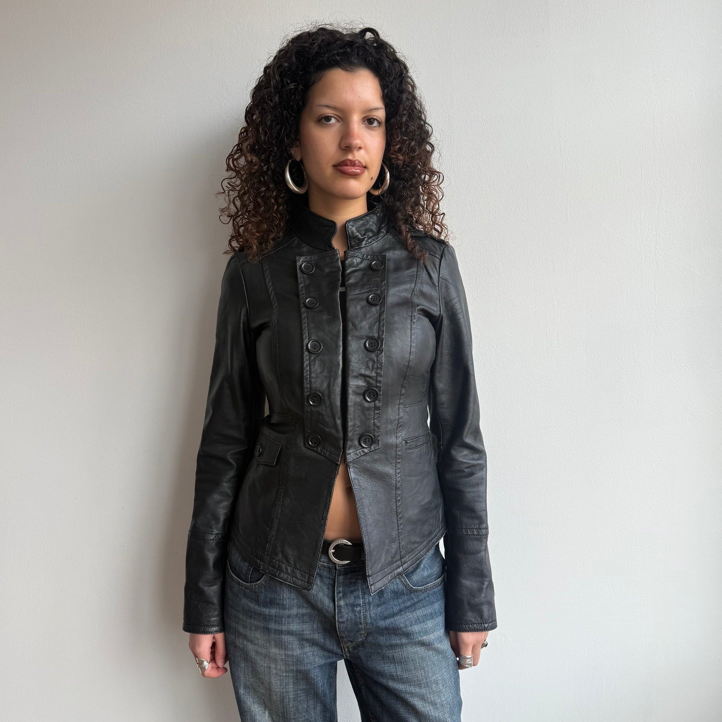 Black leather military jacket - Size S/M