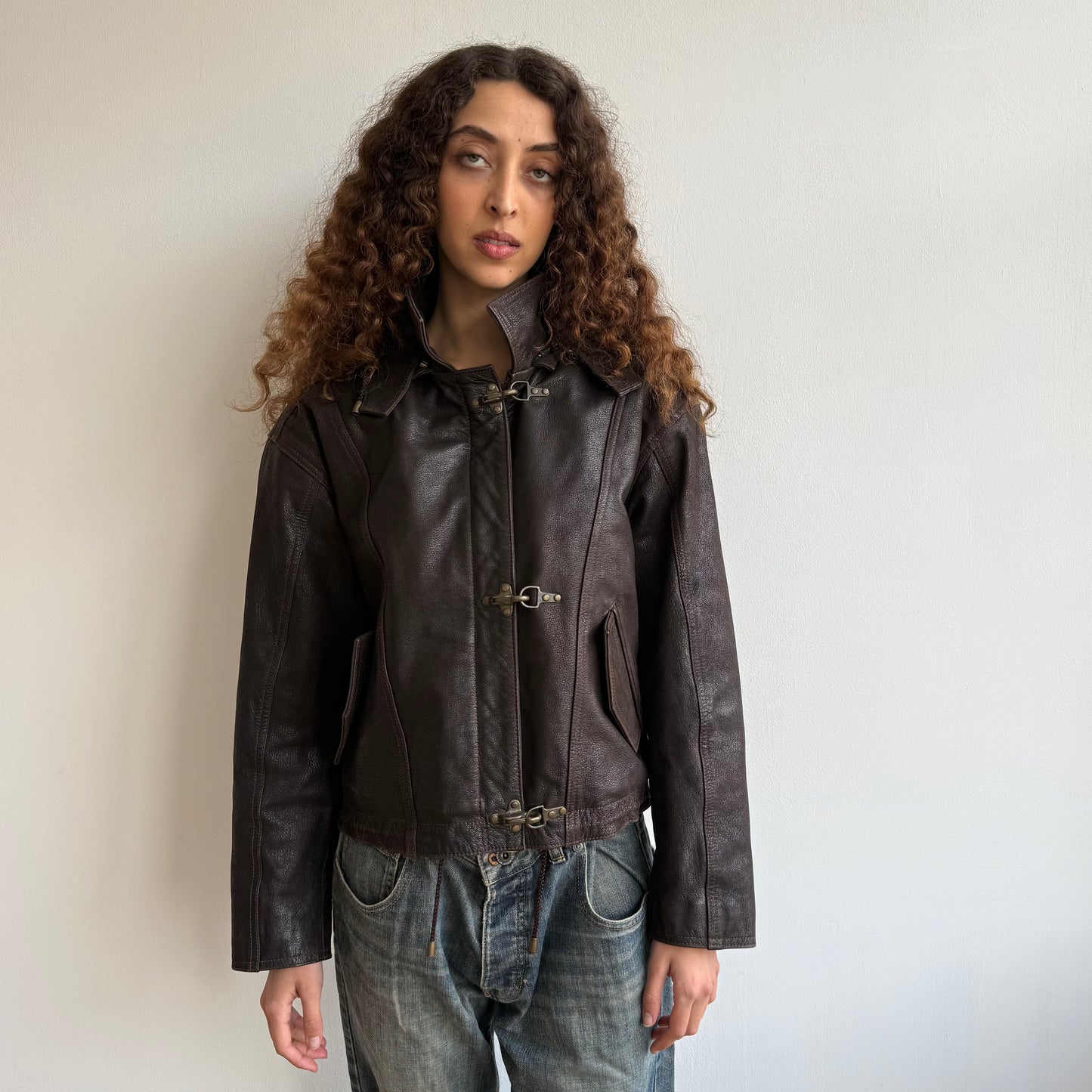 Brown leather fireman’s clasp bomber - Size M