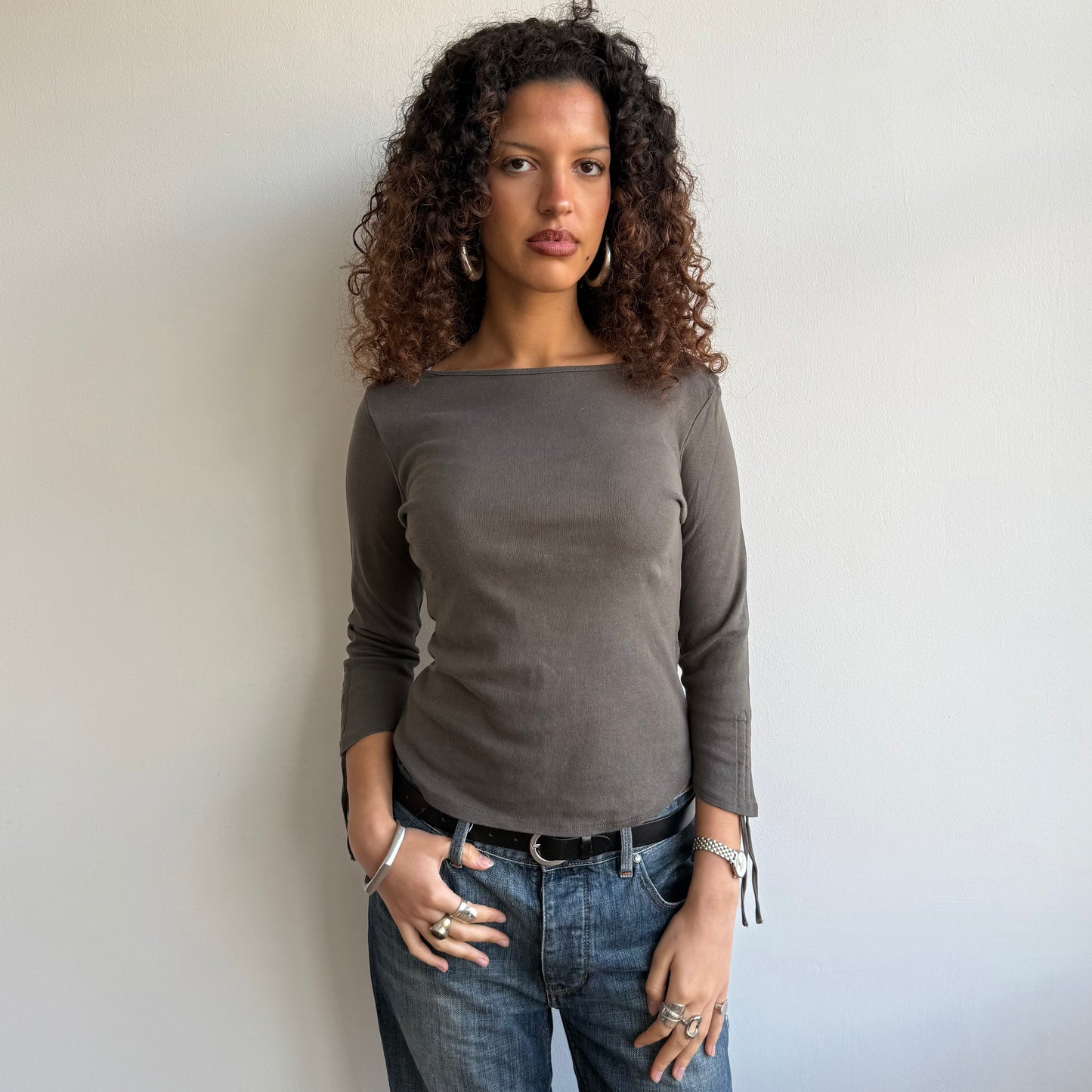 Khaki 3/4 sleeve ruched top - Size M