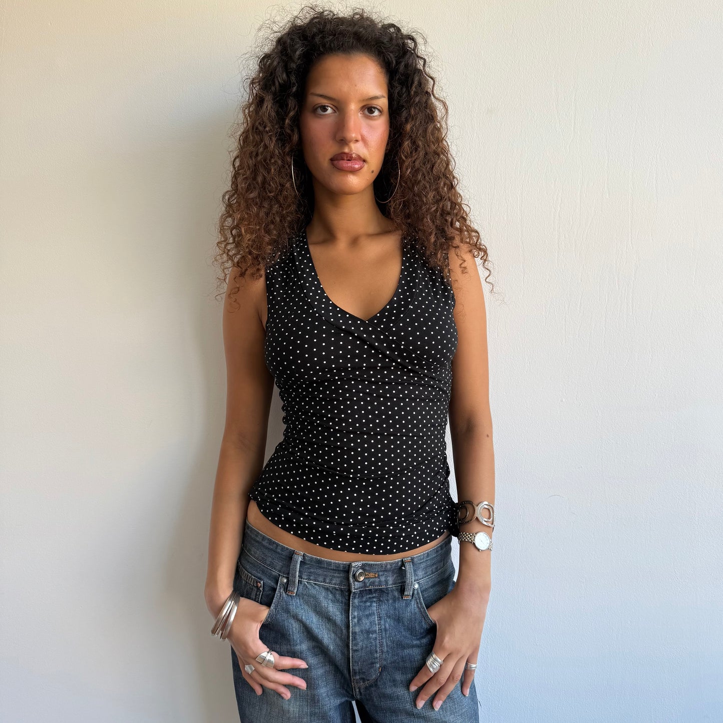 Polka dot tie side wrap top - Size S
