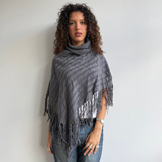 Charcoal grey tassel poncho - One Size