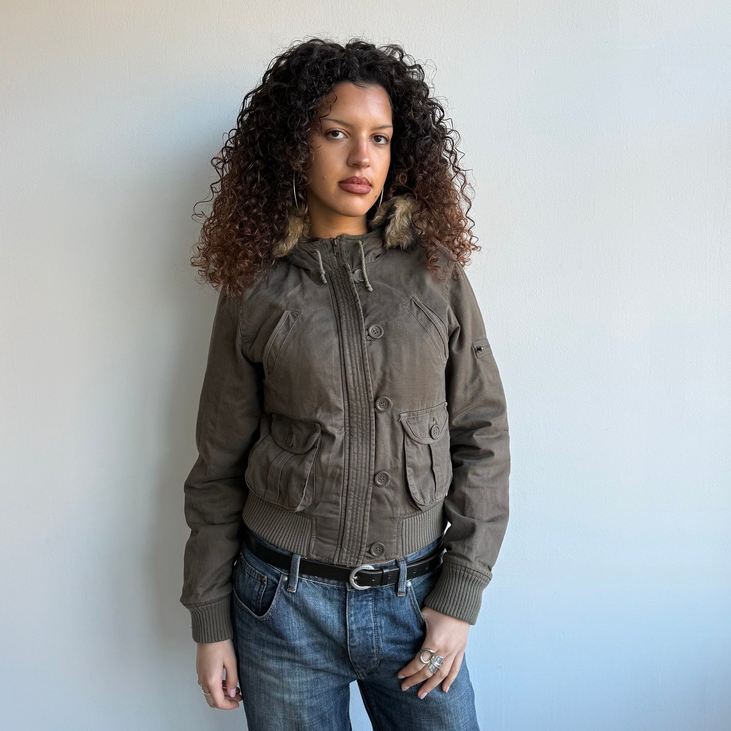 Khaki cargo bomber faux fur hood - Size S/M