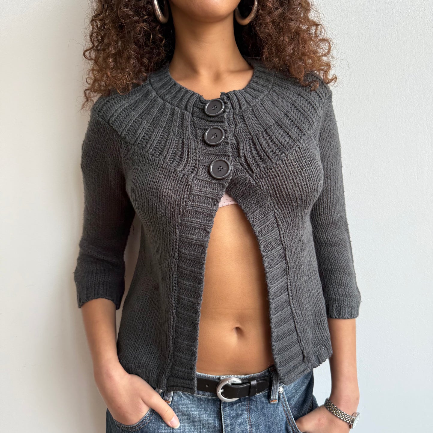 Charcoal button open knit - Size S