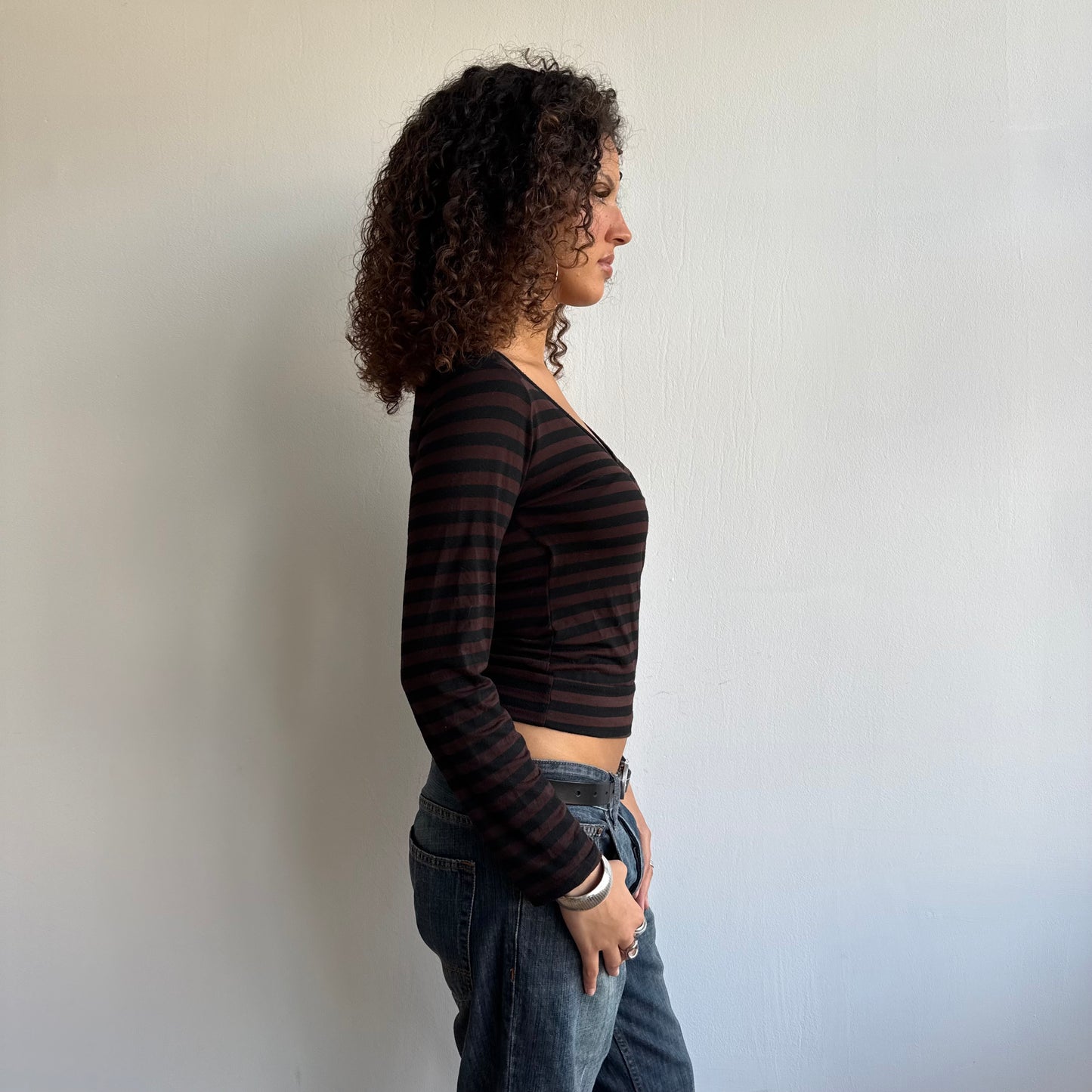 Brown + black striped wrap top - Size S