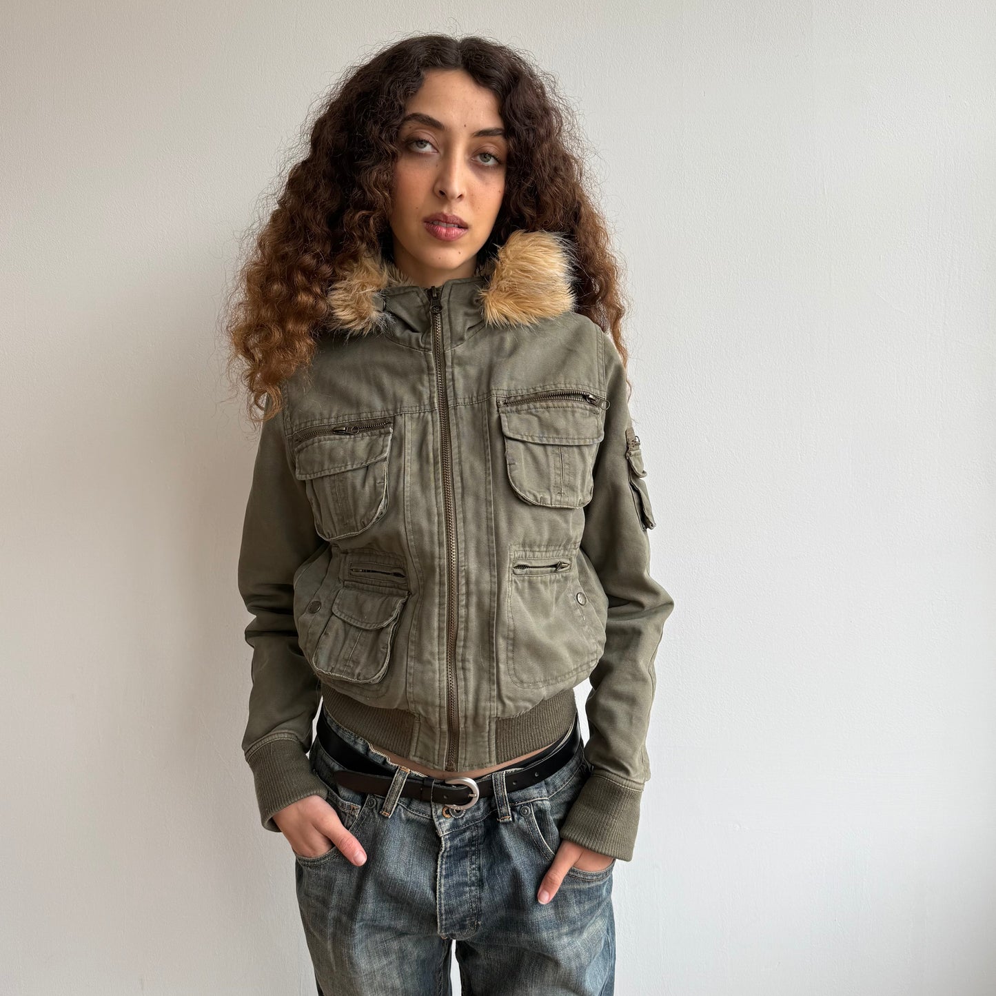 Khaki bomber with faux fur hood - Size S/M + M