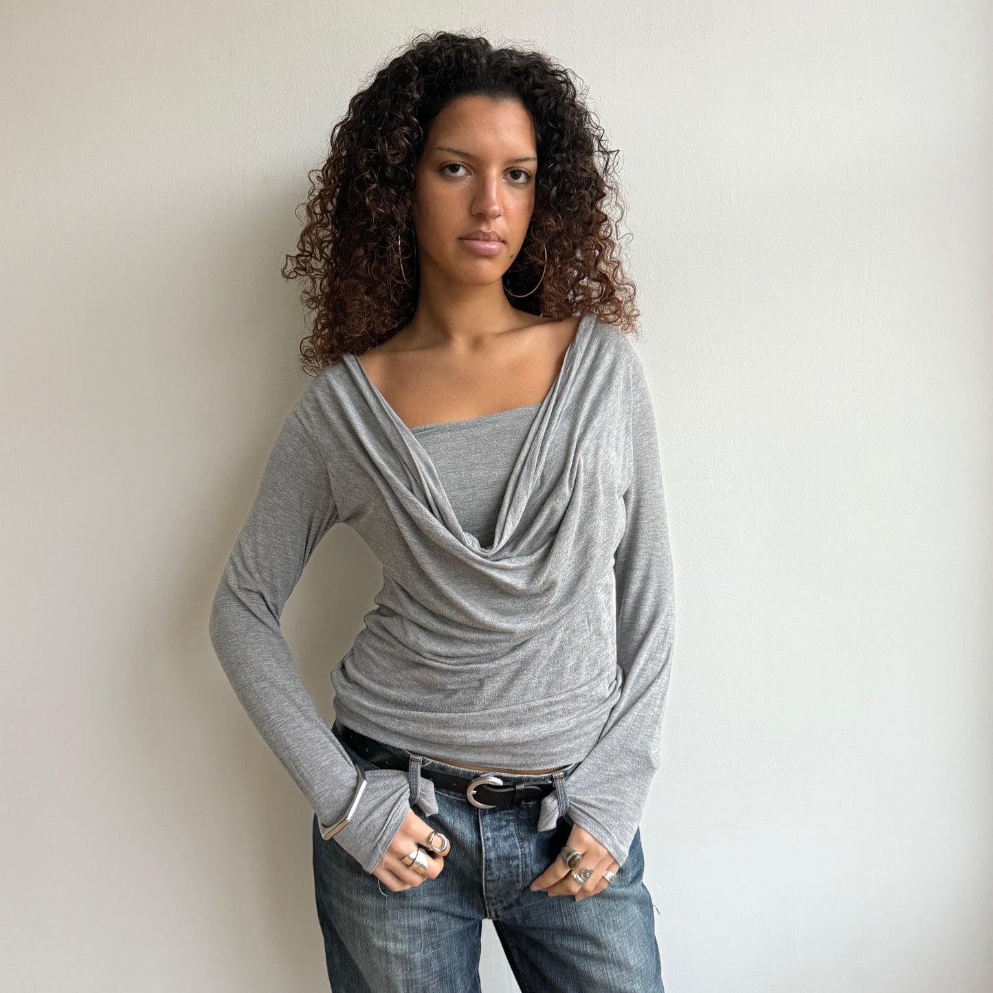 Grey long sleeve slouchy cowl top - Size M