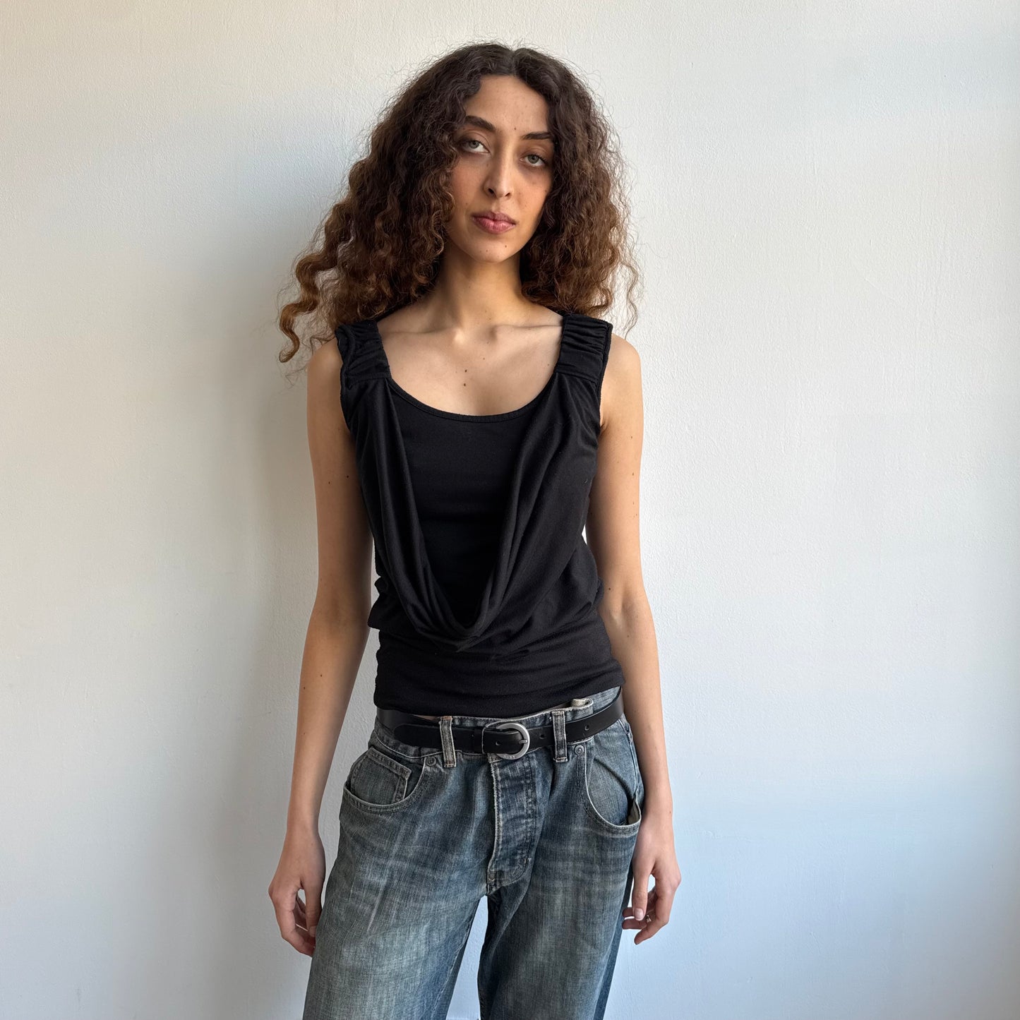 Black ruched sleeve cowl top - Size S/M