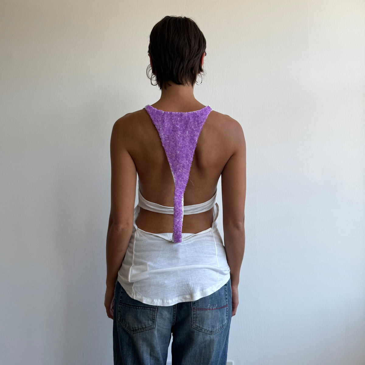 White + purple GUESS sequin reacerback top - Size S