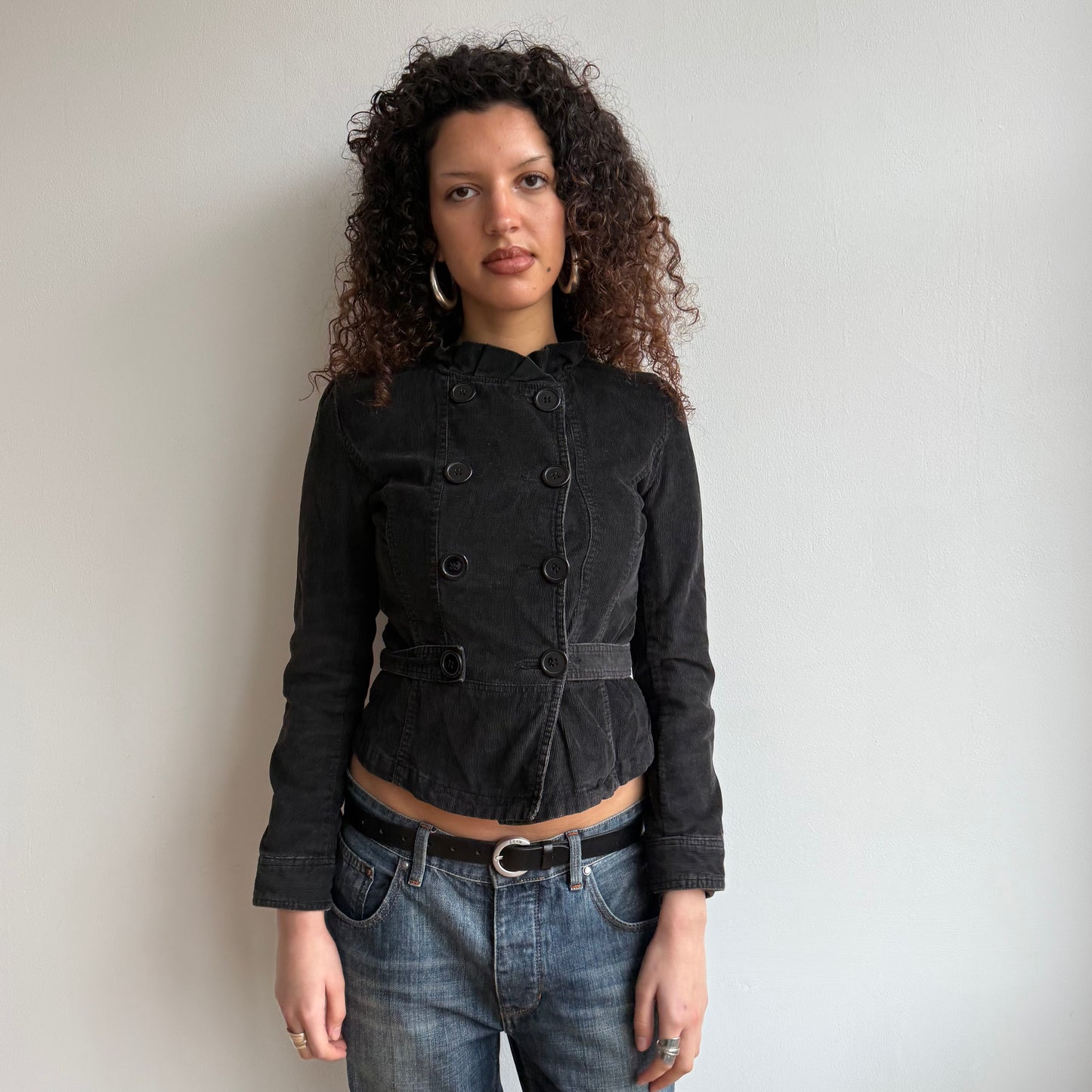 Black corduroy ruffle peacoat - Size S