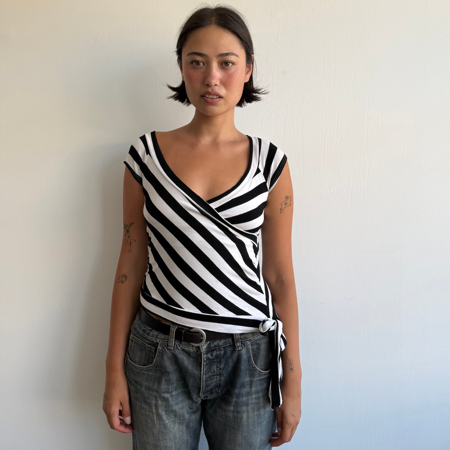 Black + white ballet wrap top - Size S
